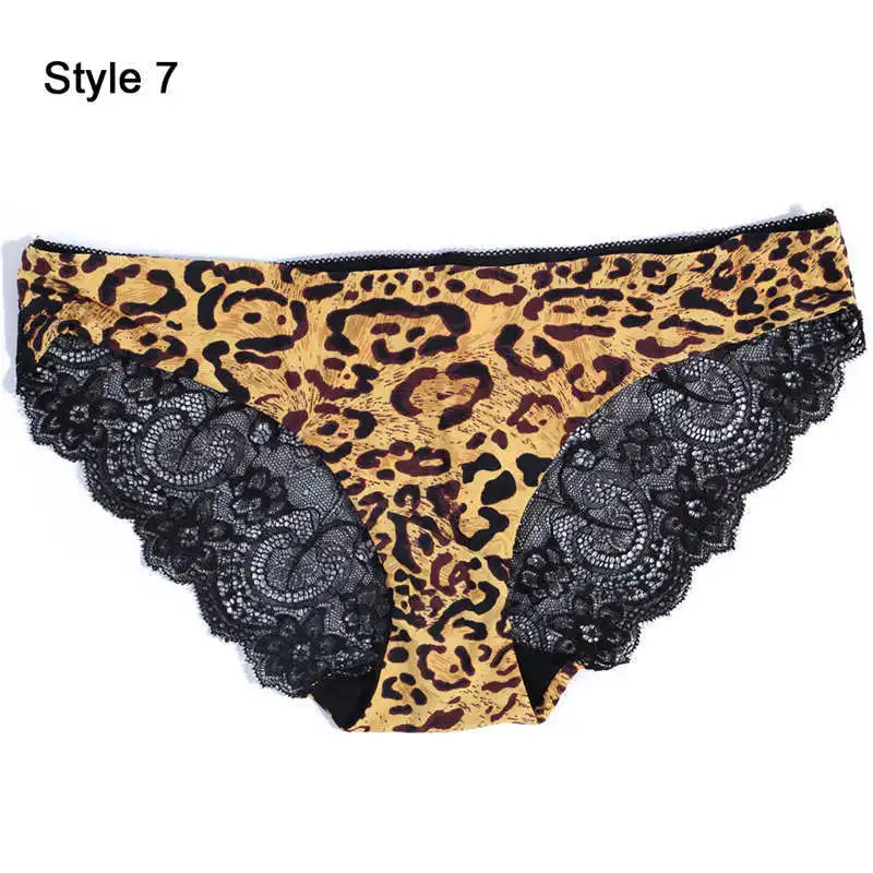 Fashion Women's Sexy Lace Panties Seamless Underwear Leopard Ice Silk for Girl Bikini Cotton Crotch Transparent Lingerie
