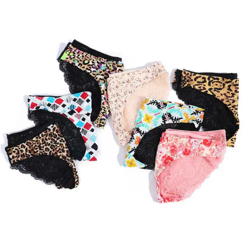 Fashion Women's Sexy Lace Panties Seamless Underwear Leopard Ice Silk for Girl Bikini Cotton Crotch Transparent Lingerie