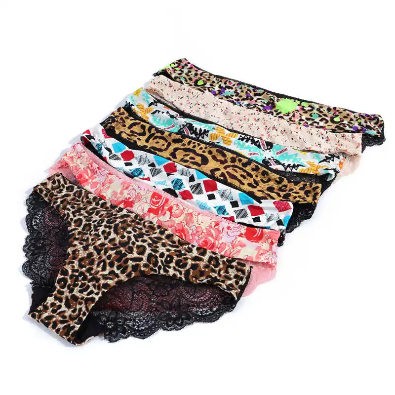 Fashion Women's Sexy Lace Panties Seamless Underwear Leopard Ice Silk for Girl Bikini Cotton Crotch Transparent Lingerie