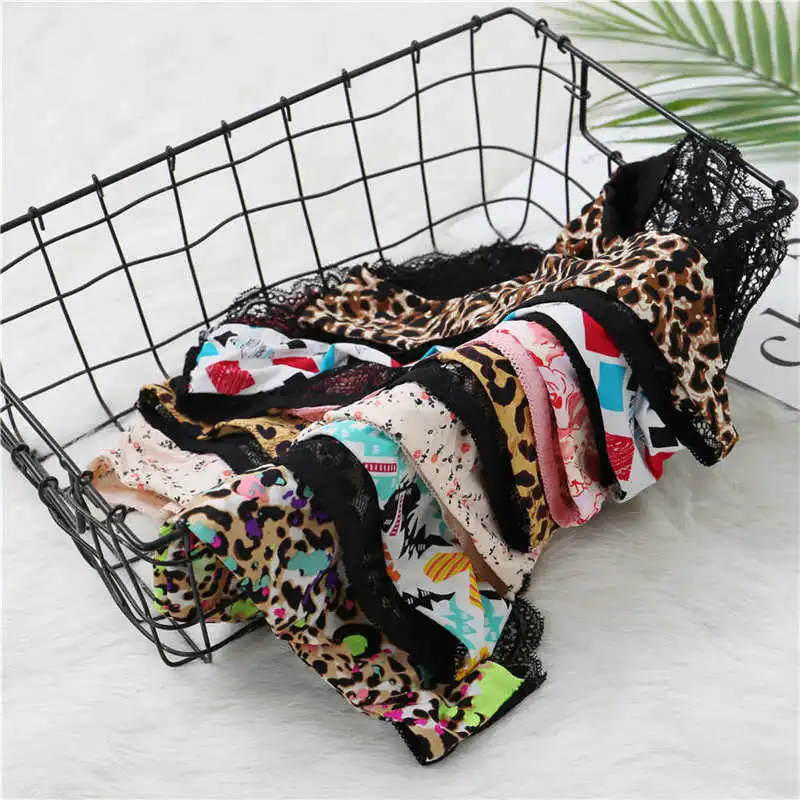 Fashion Women's Sexy Lace Panties Seamless Underwear Leopard Ice Silk for Girl Bikini Cotton Crotch Transparent Lingerie