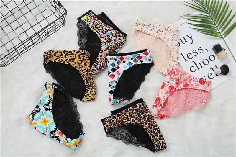 Fashion Women's Sexy Lace Panties Seamless Underwear Leopard Ice Silk for Girl Bikini Cotton Crotch Transparent Lingerie