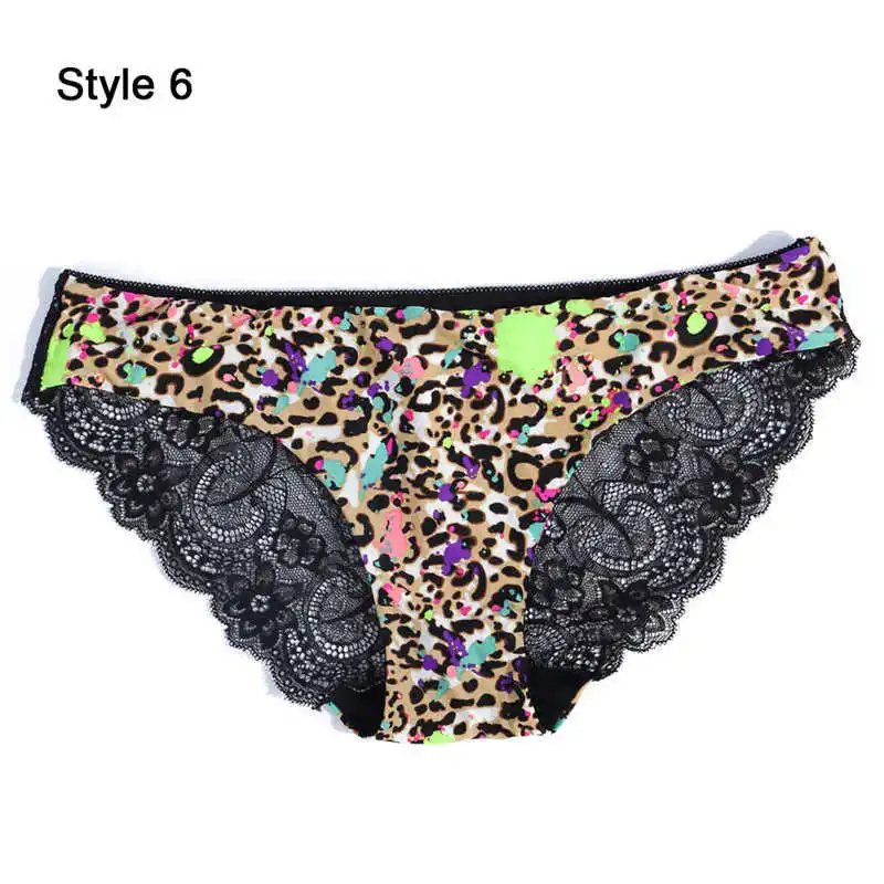 Fashion Women's Sexy Lace Panties Seamless Underwear Leopard Ice Silk for Girl Bikini Cotton Crotch Transparent Lingerie