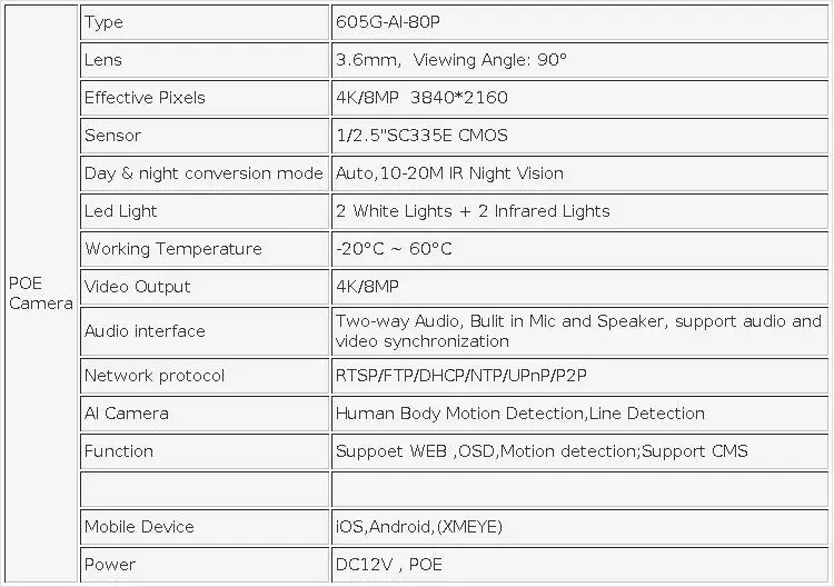 8.0MP Onvif POE bullet 3.6MM Lens Face detection waterproof full color night vision two way audio Xmeye