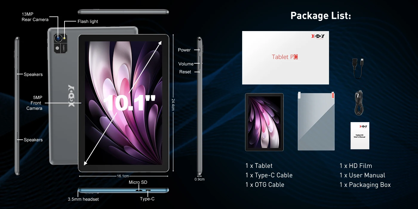 XGODY 2025 Android 15 IPS display 10.1 inch 16 GB RAM + 256 GB ROM Tablet 7000 mAh Dual Camera 5G WiFi A537 Octa-Core Tablets