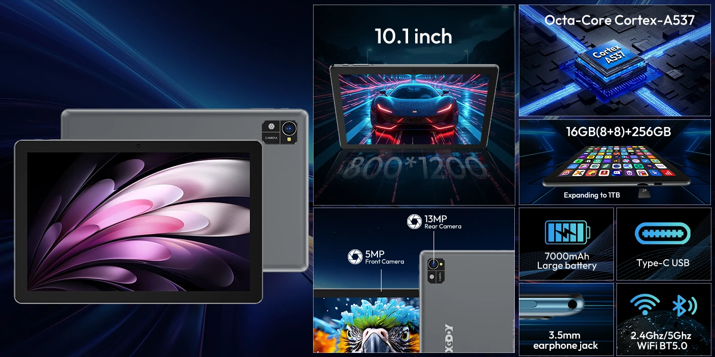 XGODY 2025 Android 15 IPS display 10.1 inch 16 GB RAM + 256 GB ROM Tablet 7000 mAh Dual Camera 5G WiFi A537 Octa-Core Tablets