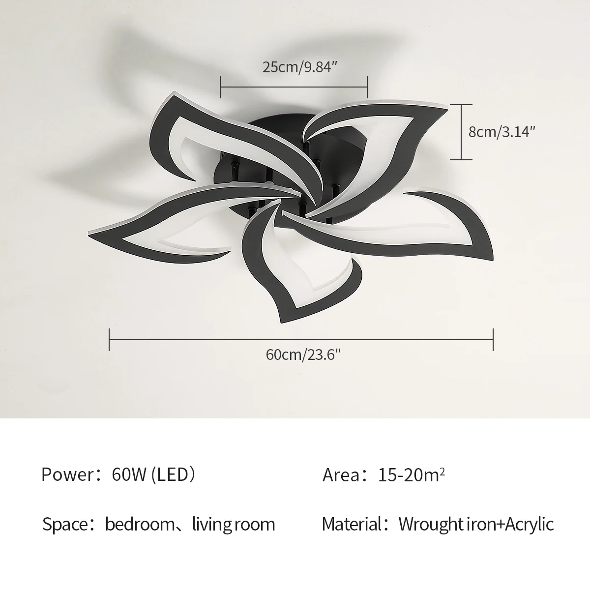 Modern Ceiling Lamps, 60W 6000LM Black 5 Heads Petals LED Ceiling Light, for Living Room, Bedroom,Warm White 3000K