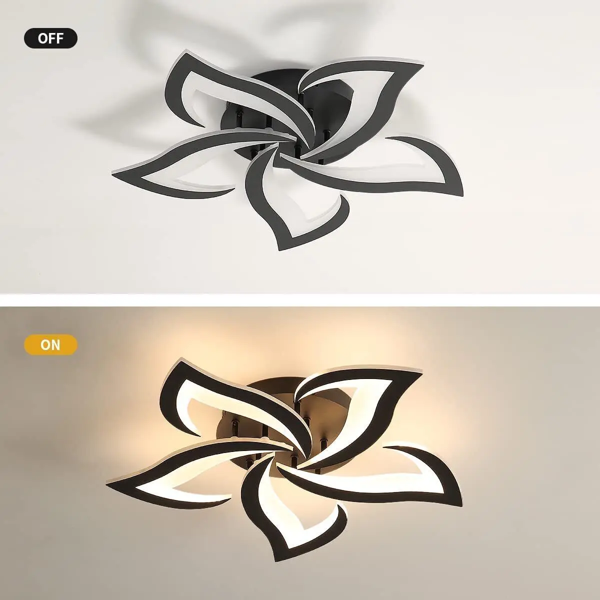 Modern Ceiling Lamps, 60W 6000LM Black 5 Heads Petals LED Ceiling Light, for Living Room, Bedroom,Warm White 3000K