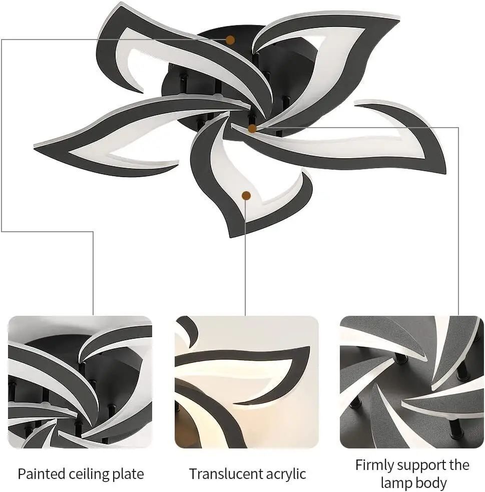 Modern Ceiling Lamps, 60W 6000LM Black 5 Heads Petals LED Ceiling Light, for Living Room, Bedroom,Warm White 3000K