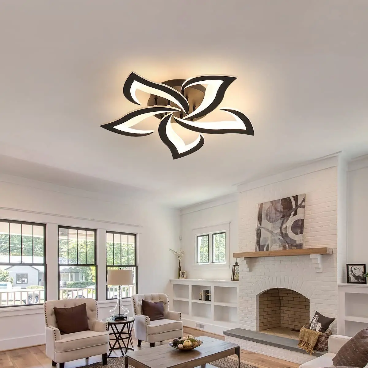 Modern Ceiling Lamps, 60W 6000LM Black 5 Heads Petals LED Ceiling Light, for Living Room, Bedroom,Warm White 3000K