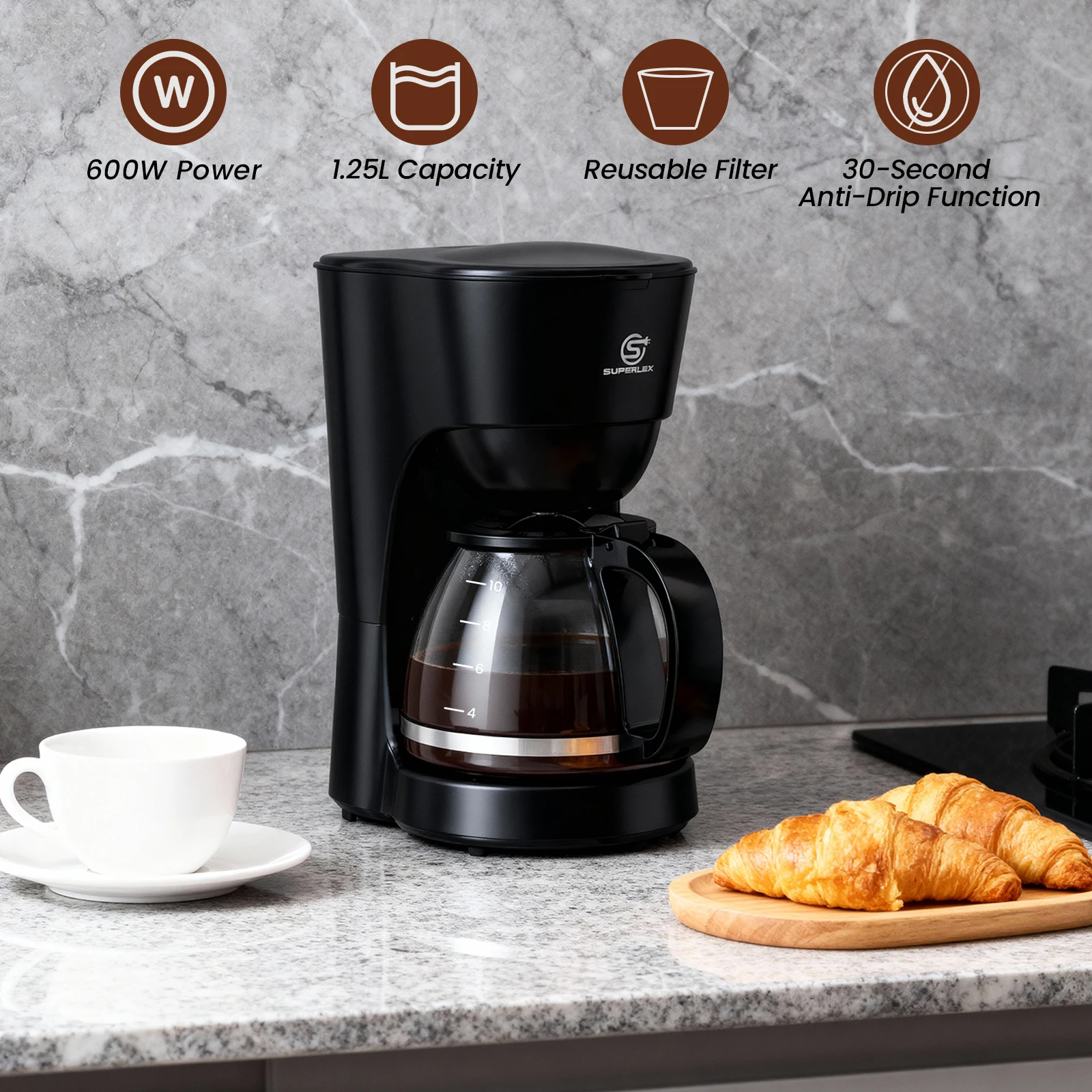 SUPERLEX 1.25L Electric Drip Coffee Machine 600 Power American Style Coffee Machine Convenient Water Window with Reusable Filter