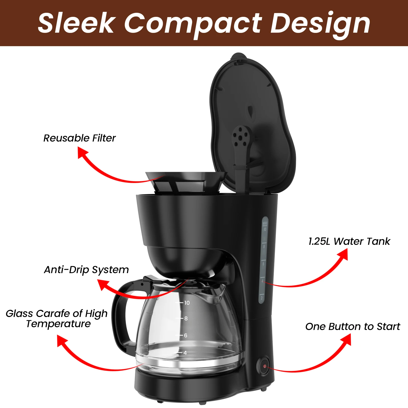 SUPERLEX 1.25L Electric Drip Coffee Machine 600 Power American Style Coffee Machine Convenient Water Window with Reusable Filter