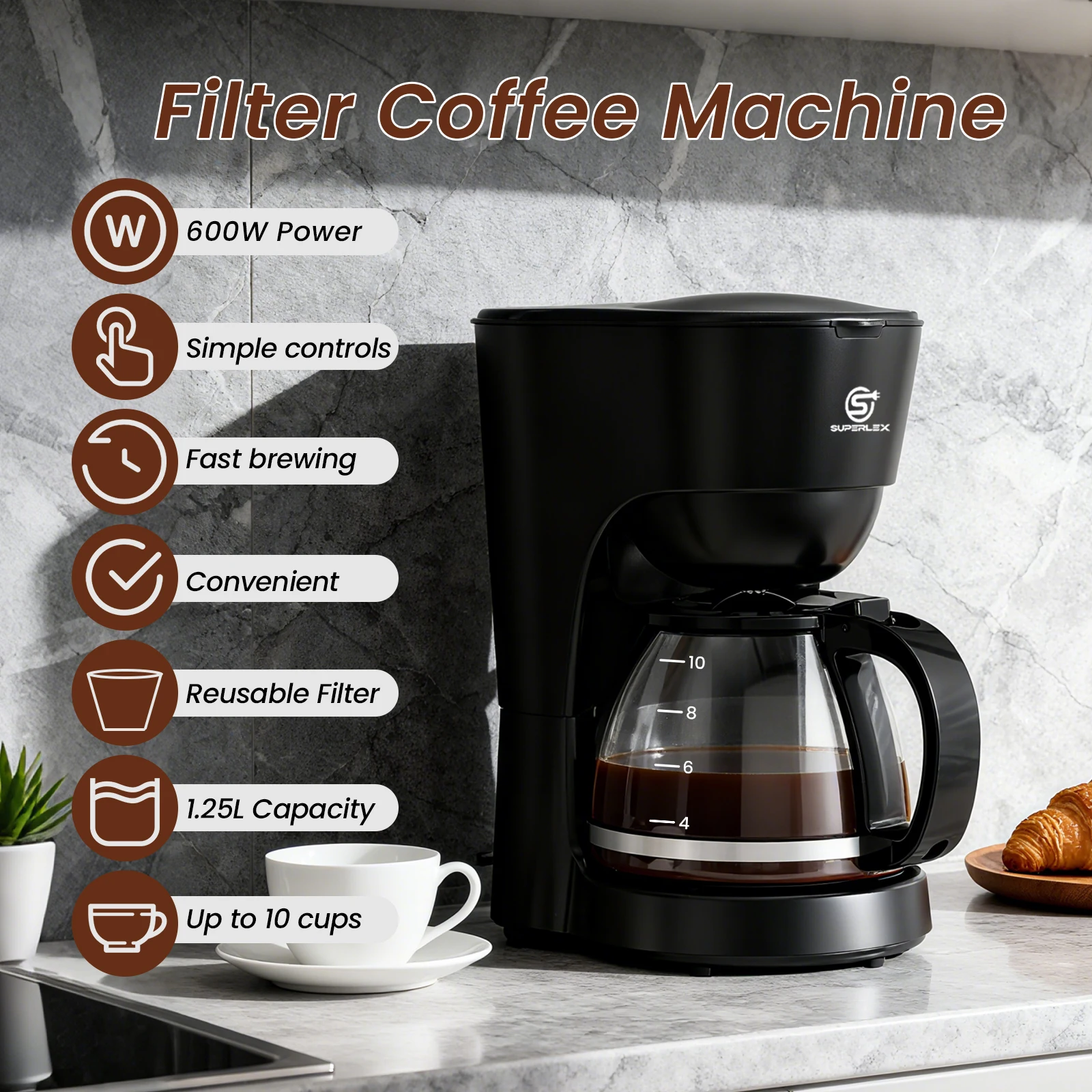 SUPERLEX 1.25L Electric Drip Coffee Machine 600 Power American Style Coffee Machine Convenient Water Window with Reusable Filter
