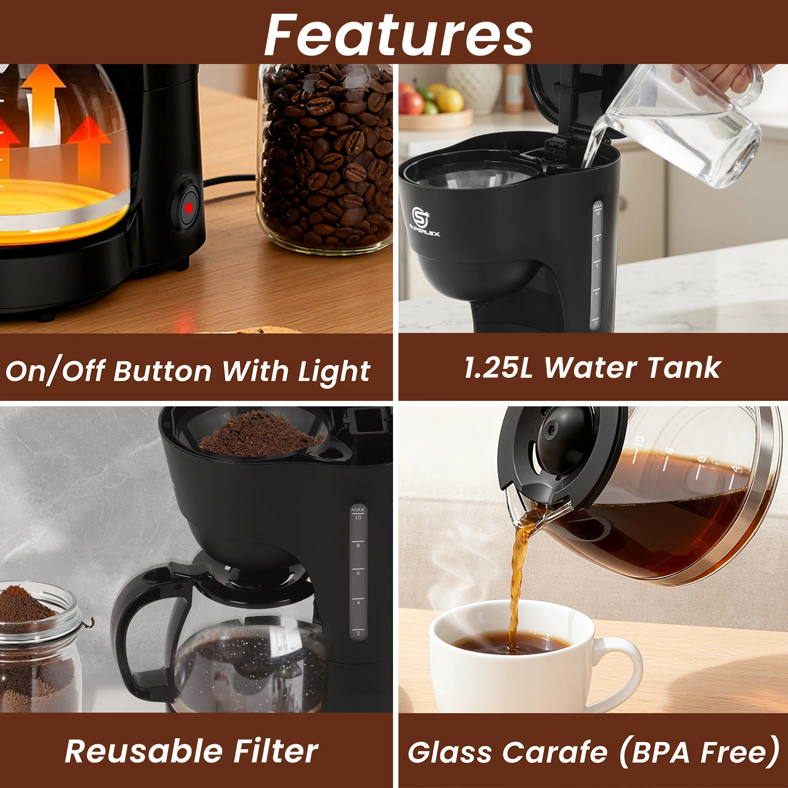 SUPERLEX 1.25L Electric Drip Coffee Machine 600 Power American Style Coffee Machine Convenient Water Window with Reusable Filter
