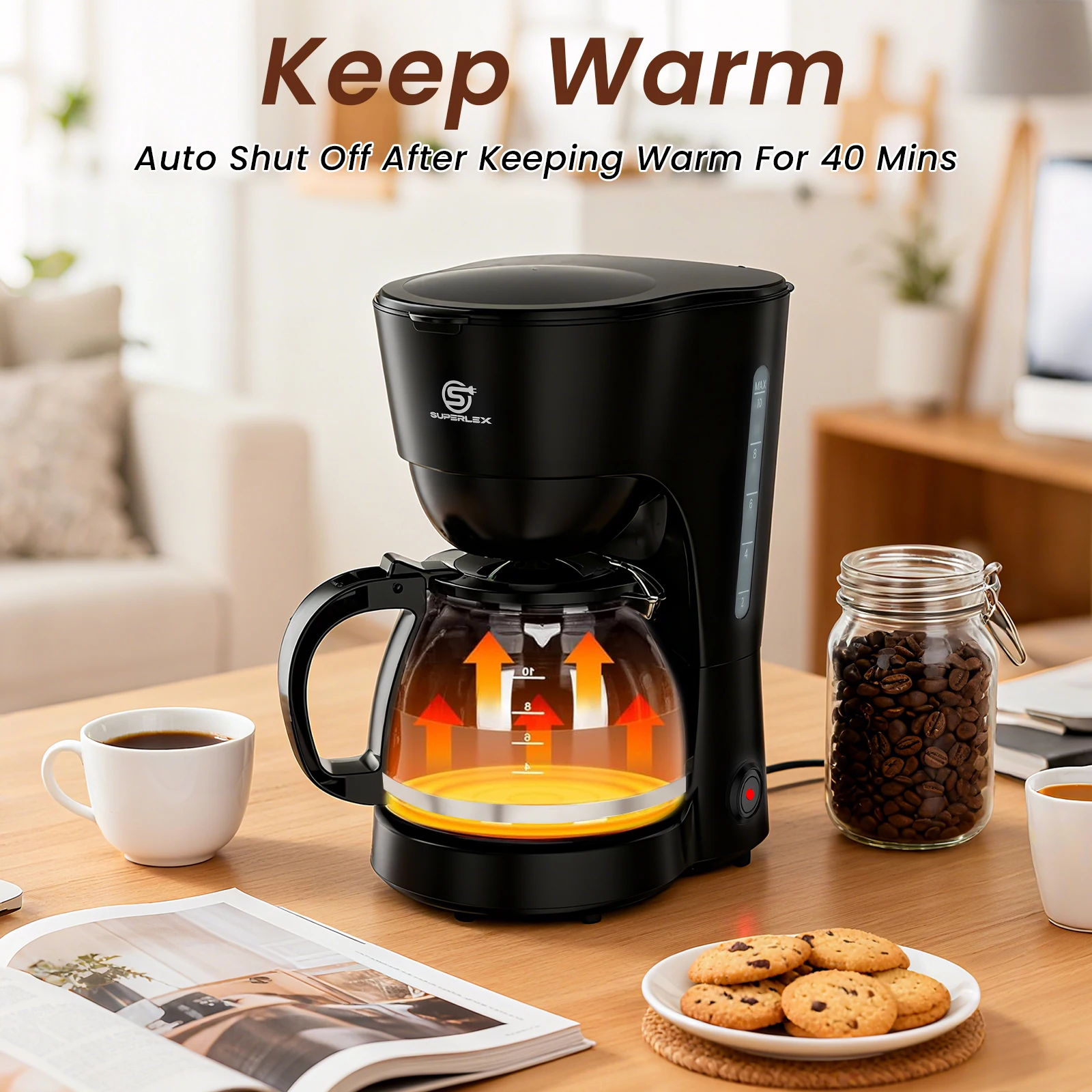 SUPERLEX 1.25L Electric Drip Coffee Machine 600 Power American Style Coffee Machine Convenient Water Window with Reusable Filter