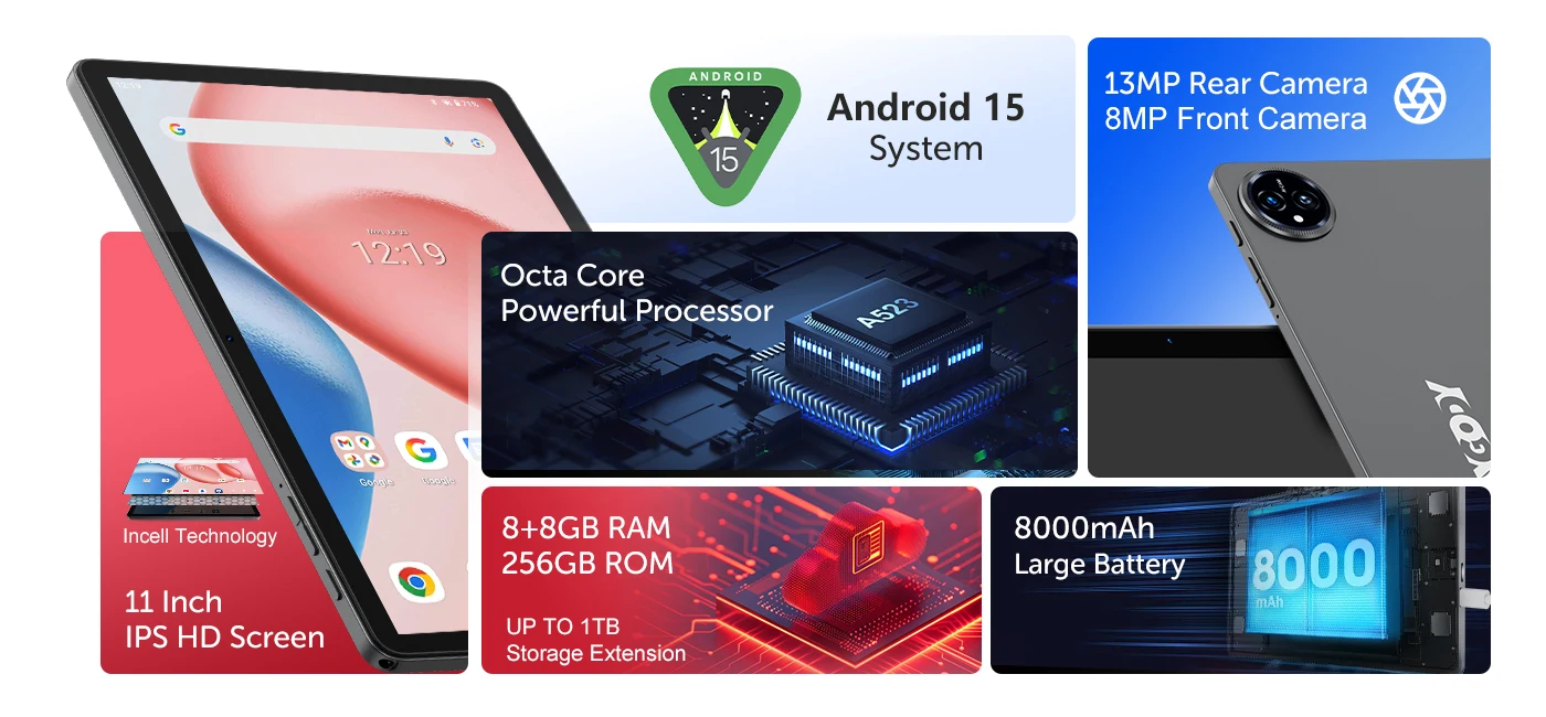 Android 15 Tablet,11Inch Tablets with Octa Core Processor, 16GB RAM 256GB ROM 1TB Expand, Widevine L1, 8000mAh Battery Dual WiFi