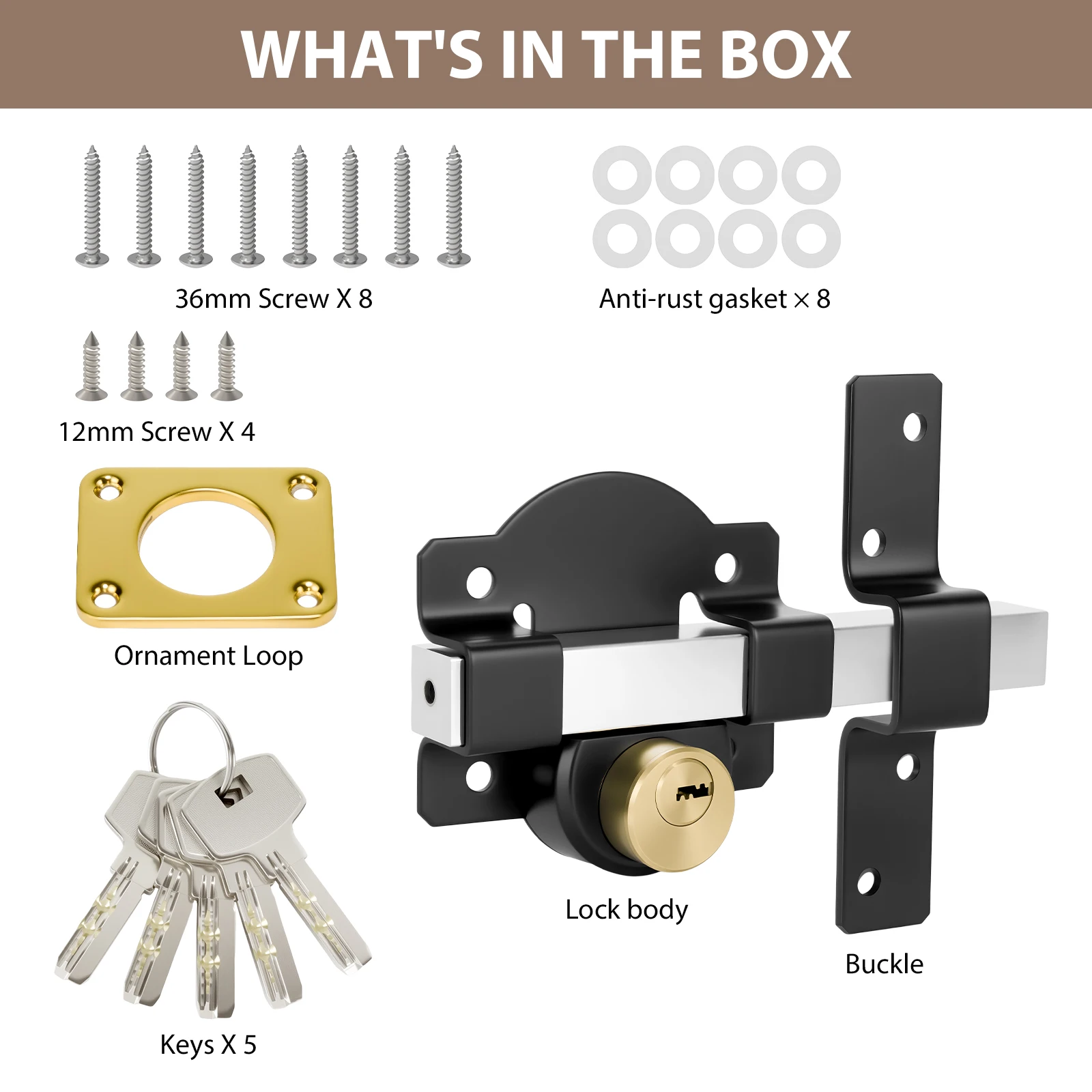 5 Keys 1 Set Sliding Door Lock Both Side Lock Door 50mm Long Throw Gate Lock Stainless Steel Security Lock for Yard,Garden Doors