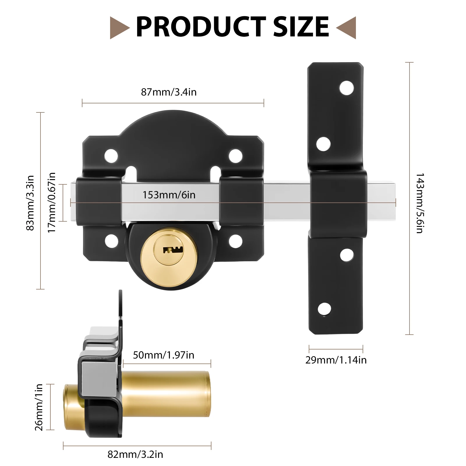 5 Keys 1 Set Sliding Door Lock Both Side Lock Door 50mm Long Throw Gate Lock Stainless Steel Security Lock for Yard,Garden Doors