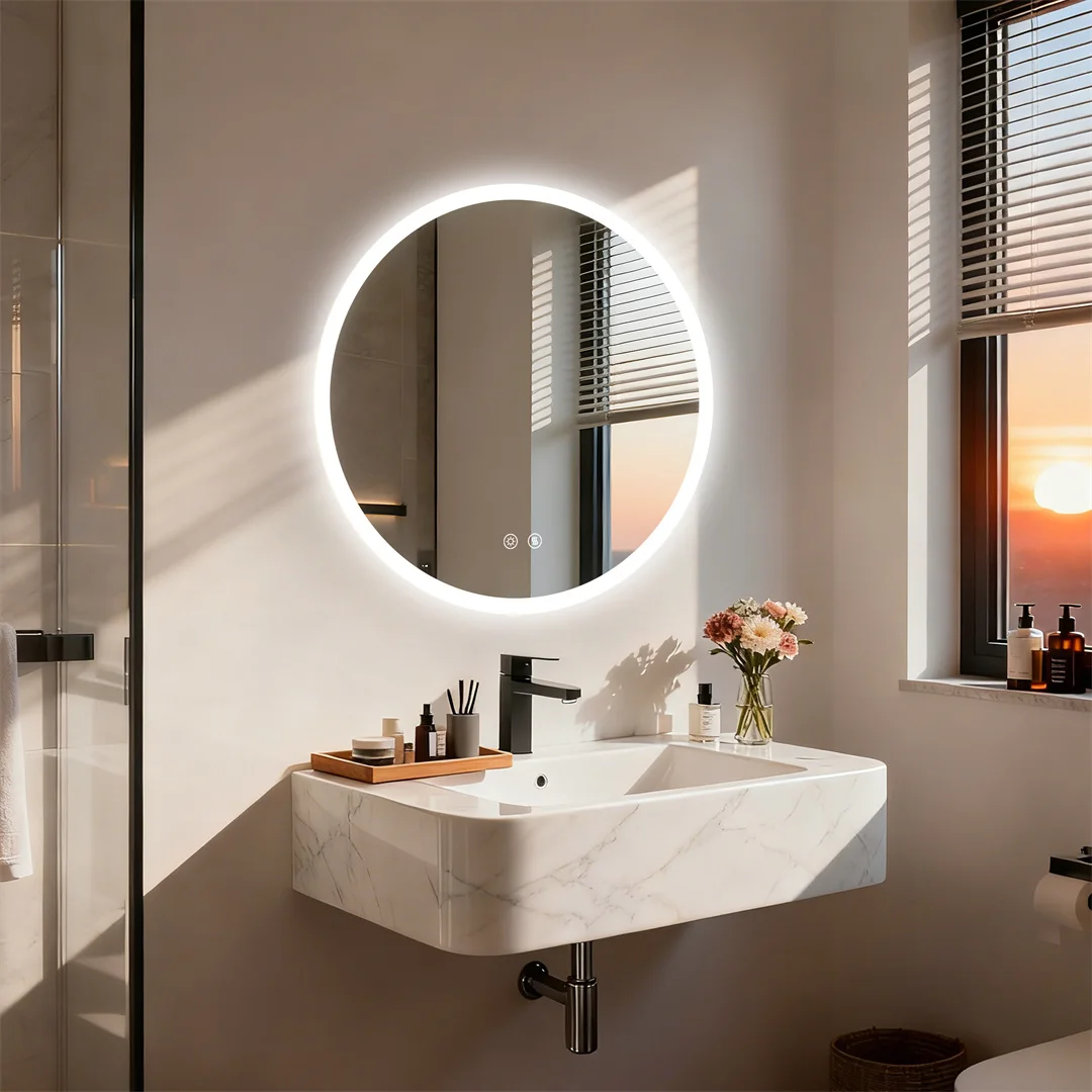 Round LED Bathroom Mirror with Lights, 20/24/32" Backlit Dimmable Anti-Fog Wall Mounted Vanity Mirror,Memory Function