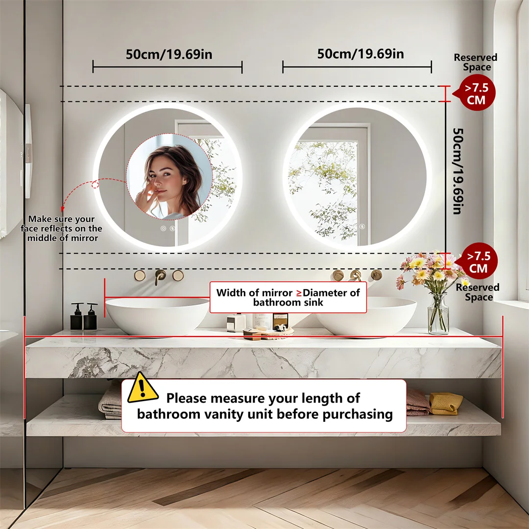 Round LED Bathroom Mirror with Lights, 20/24/32" Backlit Dimmable Anti-Fog Wall Mounted Vanity Mirror,Memory Function