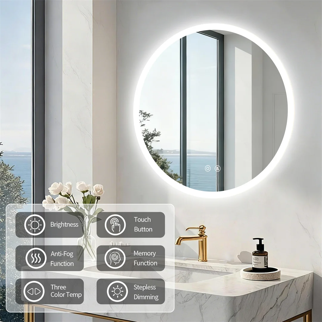 Round LED Bathroom Mirror with Lights, 20/24/32" Backlit Dimmable Anti-Fog Wall Mounted Vanity Mirror,Memory Function
