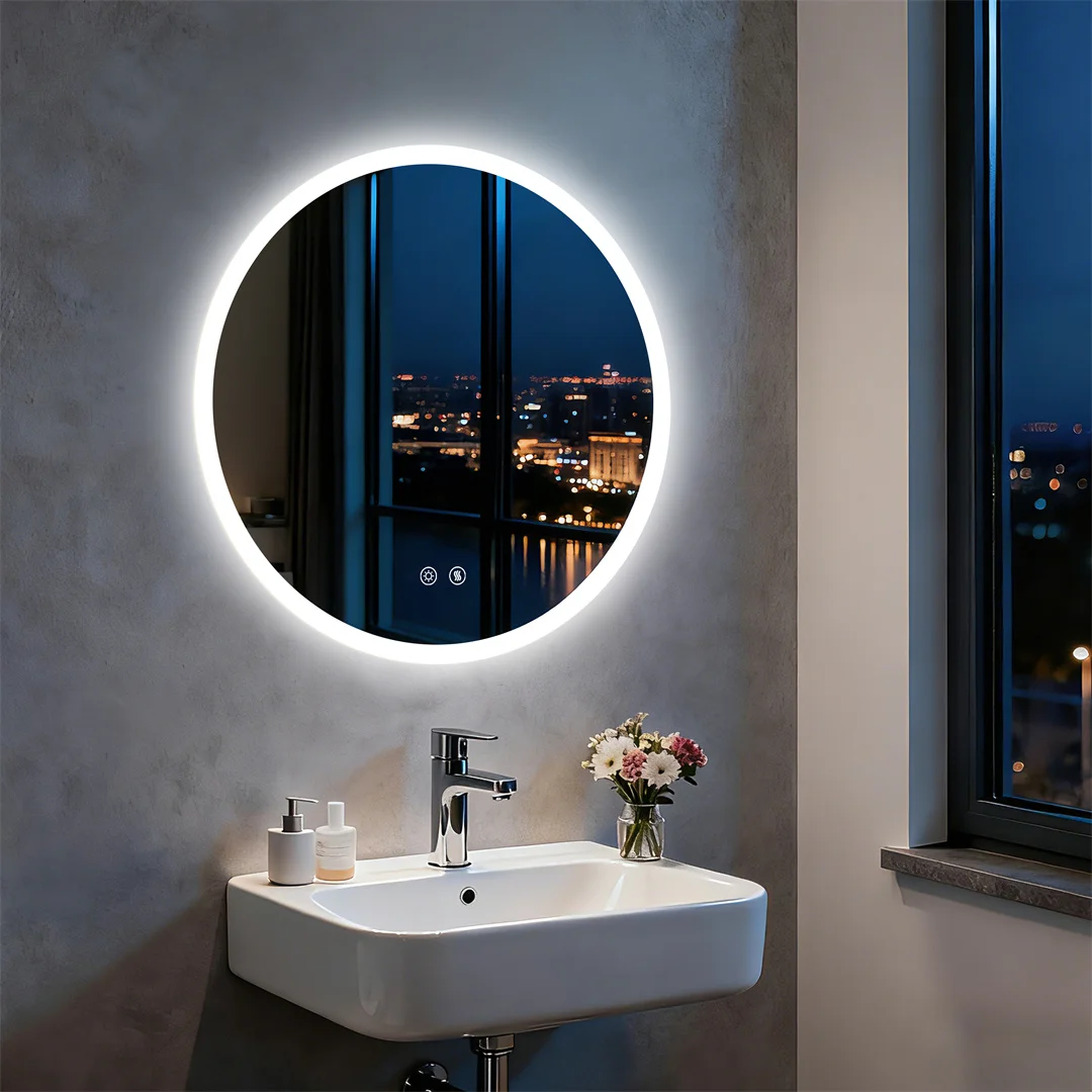 Round LED Bathroom Mirror with Lights, 20/24/32" Backlit Dimmable Anti-Fog Wall Mounted Vanity Mirror,Memory Function