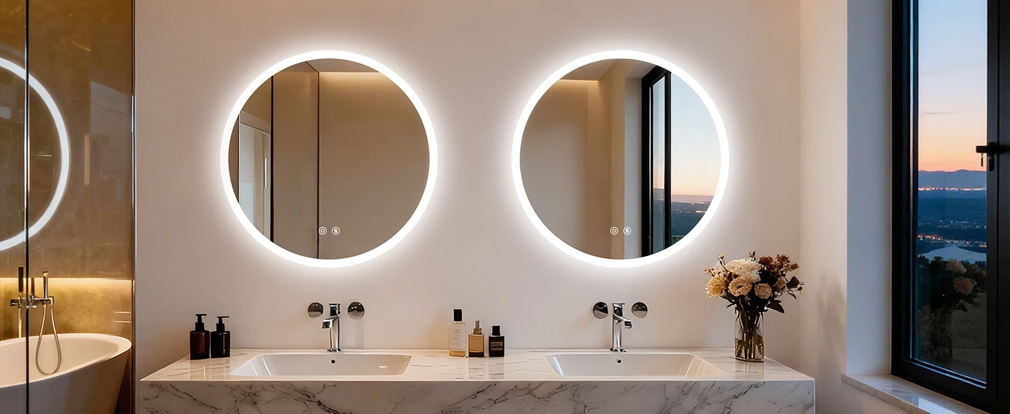 Round LED Bathroom Mirror with Lights, 20/24/32" Backlit Dimmable Anti-Fog Wall Mounted Vanity Mirror,Memory Function