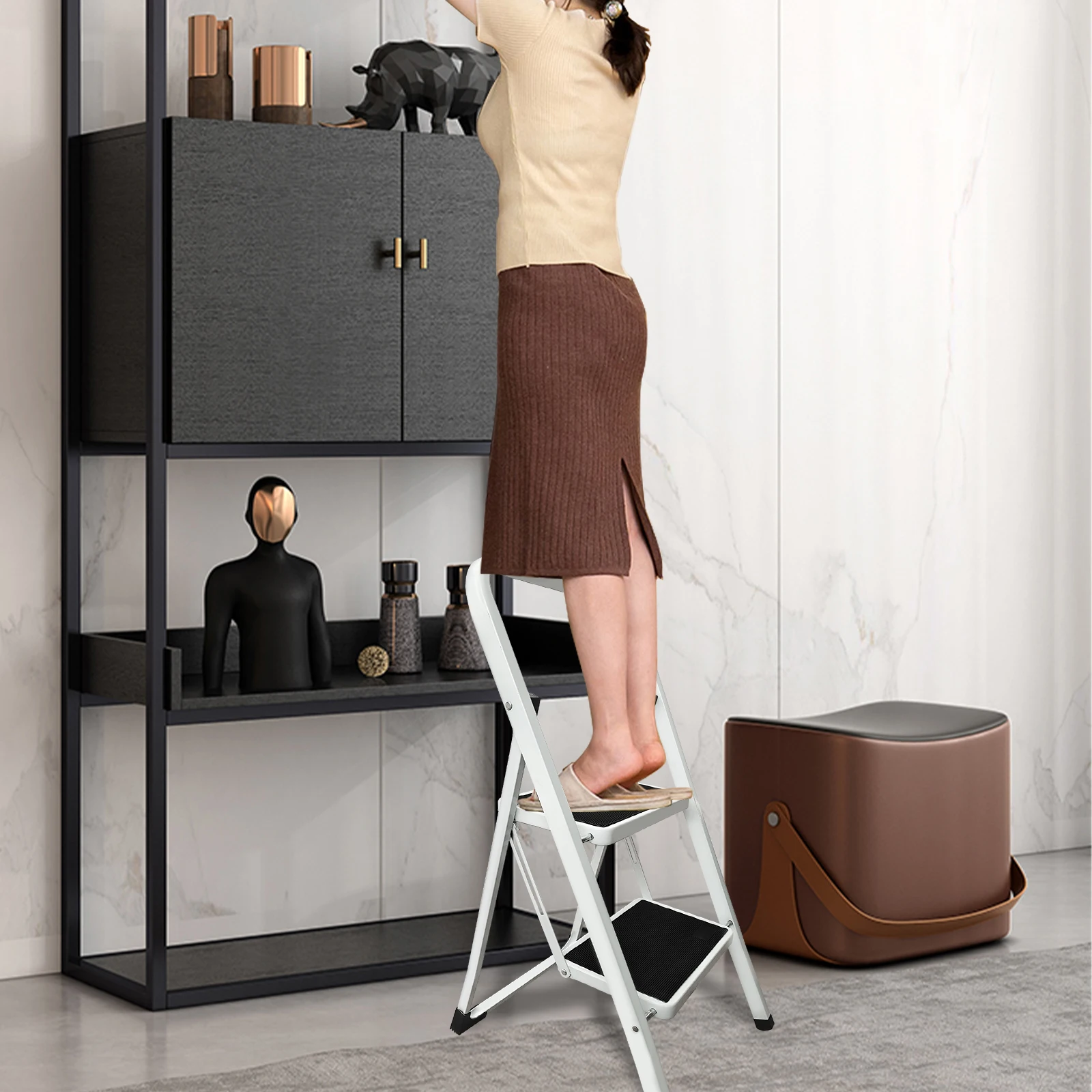 Folding Step Ladder for Home & Kitchen, 2 Step Ladder Anti-Slip Tread, Portable Metal Step Ladder, Easy to Store, 150kg Capacity
