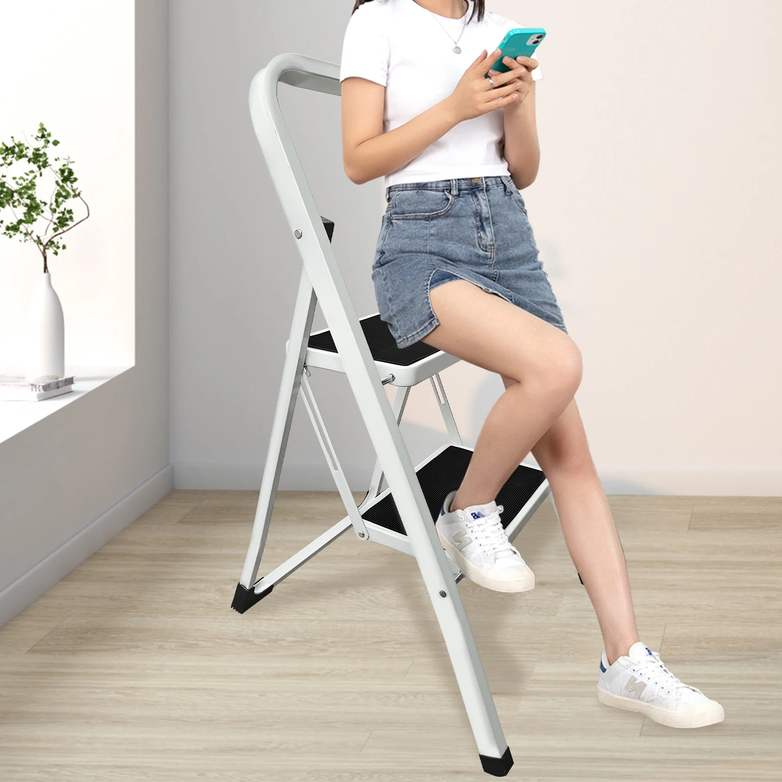 Folding Step Ladder for Home & Kitchen, 2 Step Ladder Anti-Slip Tread, Portable Metal Step Ladder, Easy to Store, 150kg Capacity