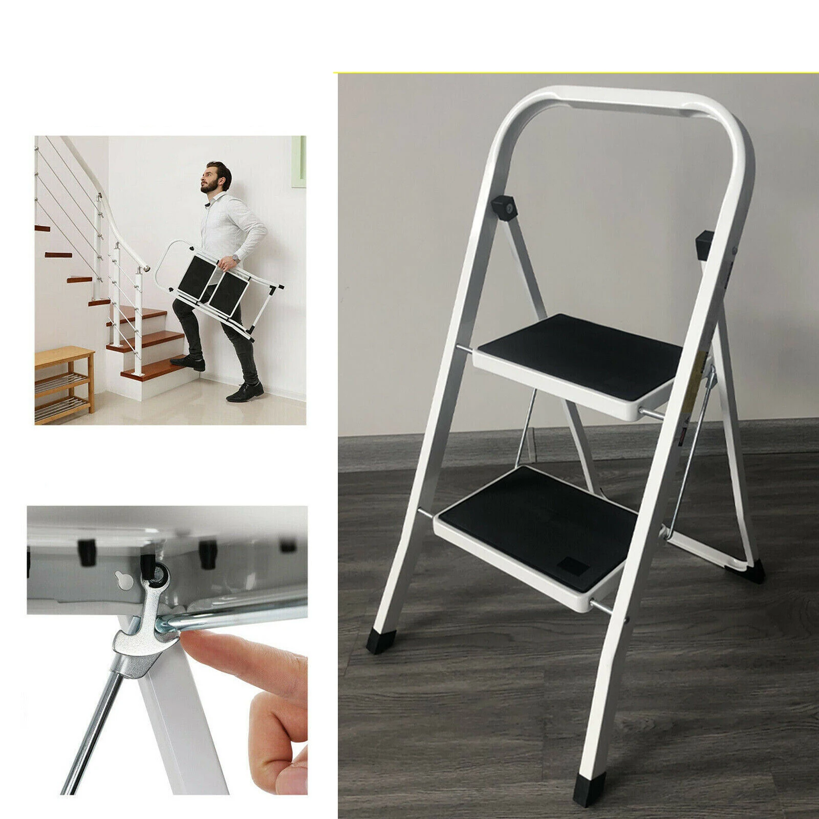 Folding Step Ladder for Home & Kitchen, 2 Step Ladder Anti-Slip Tread, Portable Metal Step Ladder, Easy to Store, 150kg Capacity