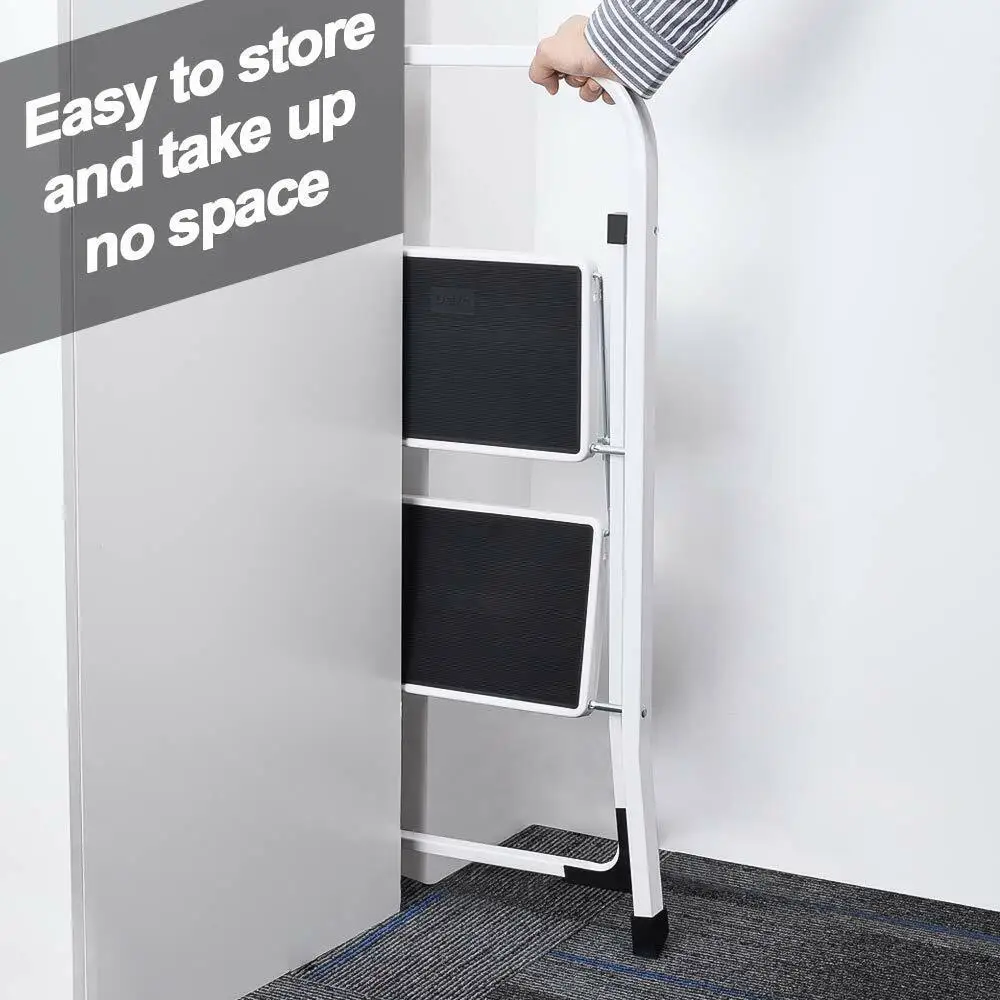 Folding Step Ladder for Home & Kitchen, 2 Step Ladder Anti-Slip Tread, Portable Metal Step Ladder, Easy to Store, 150kg Capacity