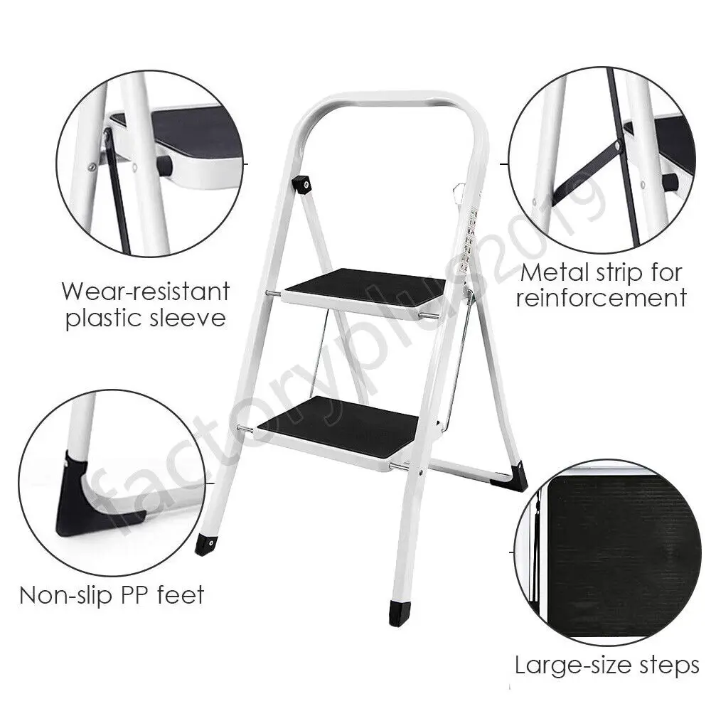 Folding Step Ladder for Home & Kitchen, 2 Step Ladder Anti-Slip Tread, Portable Metal Step Ladder, Easy to Store, 150kg Capacity