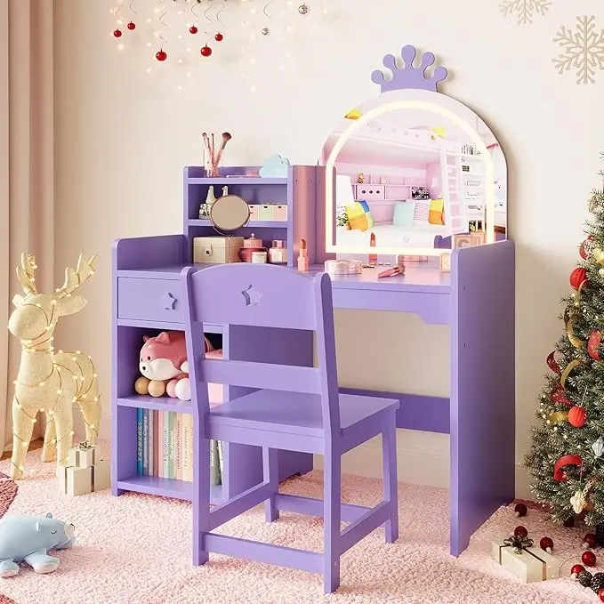 Kids Vanity with Lights, 2 in 1 Princess Makeup Vanity Desk & Chair Set, Toddler Vanity Table with Open Bookshel for Girls