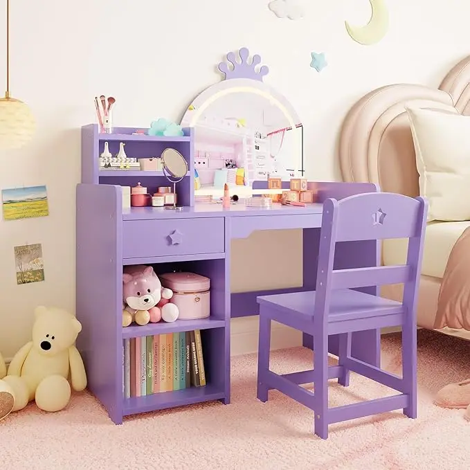 Kids Vanity with Lights, 2 in 1 Princess Makeup Vanity Desk & Chair Set, Toddler Vanity Table with Open Bookshel for Girls