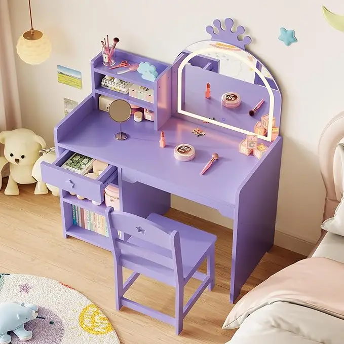 Kids Vanity with Lights, 2 in 1 Princess Makeup Vanity Desk & Chair Set, Toddler Vanity Table with Open Bookshel for Girls