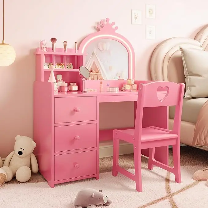 Kids Vanity with Lights, 2 in 1 Princess Makeup Vanity Desk & Chair Set, Toddler Vanity Table with Open Bookshel for Girls