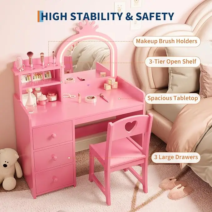Kids Vanity with Lights, 2 in 1 Princess Makeup Vanity Desk & Chair Set, Toddler Vanity Table with Open Bookshel for Girls