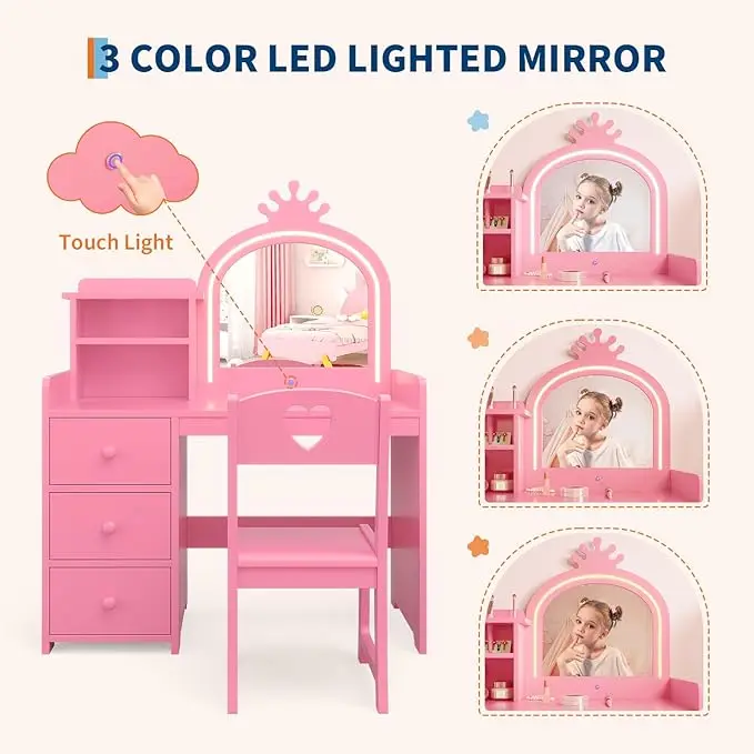 Kids Vanity with Lights, 2 in 1 Princess Makeup Vanity Desk & Chair Set, Toddler Vanity Table with Open Bookshel for Girls