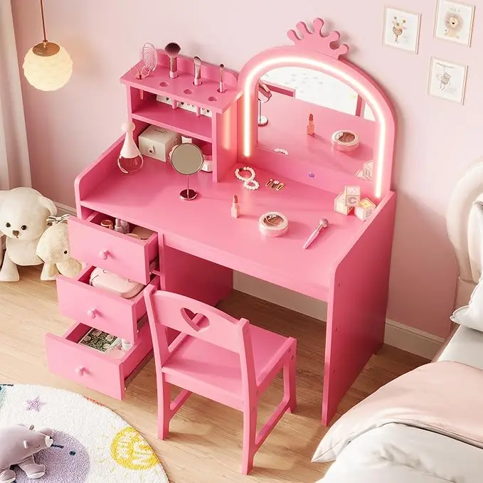 Kids Vanity with Lights, 2 in 1 Princess Makeup Vanity Desk & Chair Set, Toddler Vanity Table with Open Bookshel for Girls