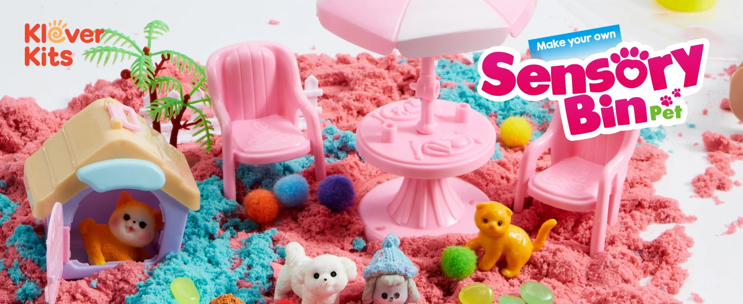 Joyfy Cute Pet Themed Sensory Bin toy Sandbox with Lid Dual-Color Sand Learning Activities for Boys Girls Birthday Chrimas Gifts