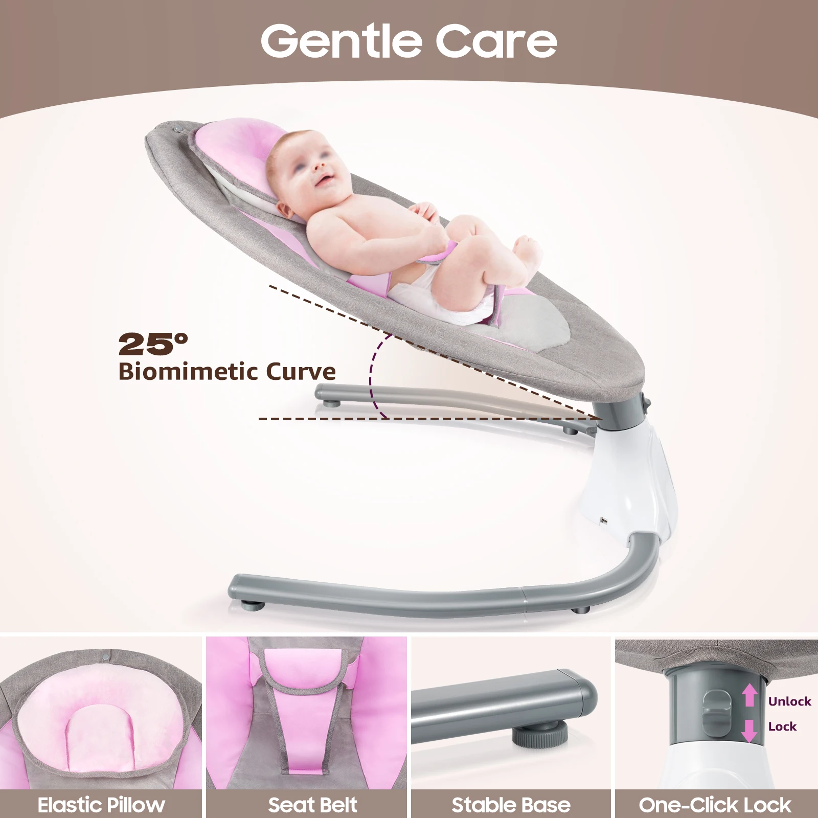Pink Rocking Chair with USB Charging Port  for Breastfeeding, Living Room, Bedroom for 0-18 Months baby