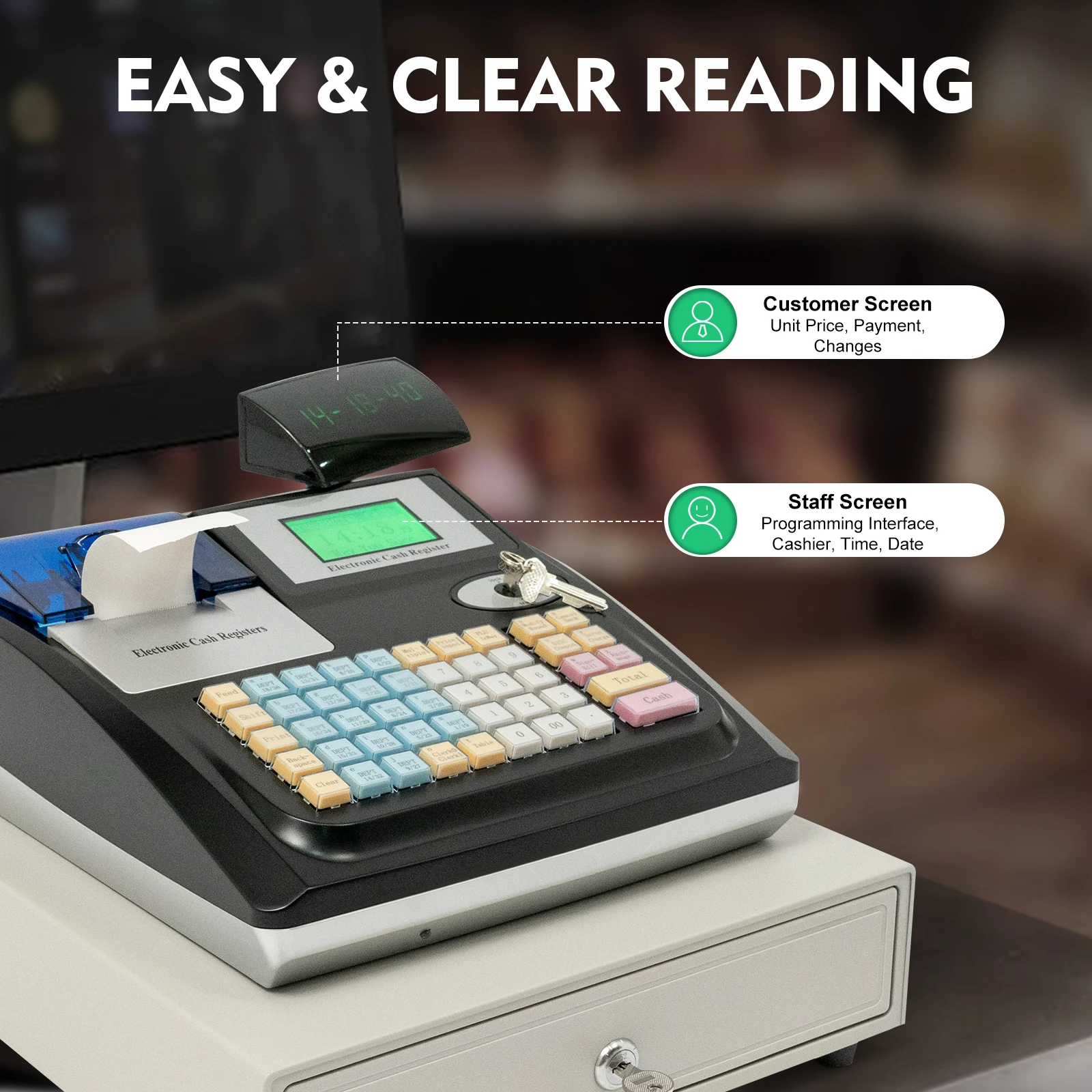 48 Keys Electronic Cash Register LED Display Cash Register Machine Support Multiple Payment Methods For Multi Cash Register