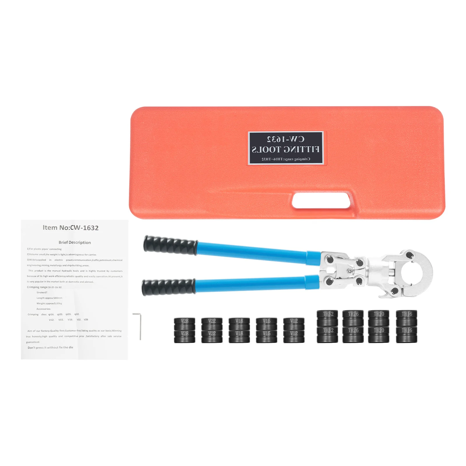 6T PEX Crimping Tool Set, 360° Rotatable Head Manual Scissor Type Crimper Pliers, 9 Molds for PEX/Copper/Aluminum Pipes