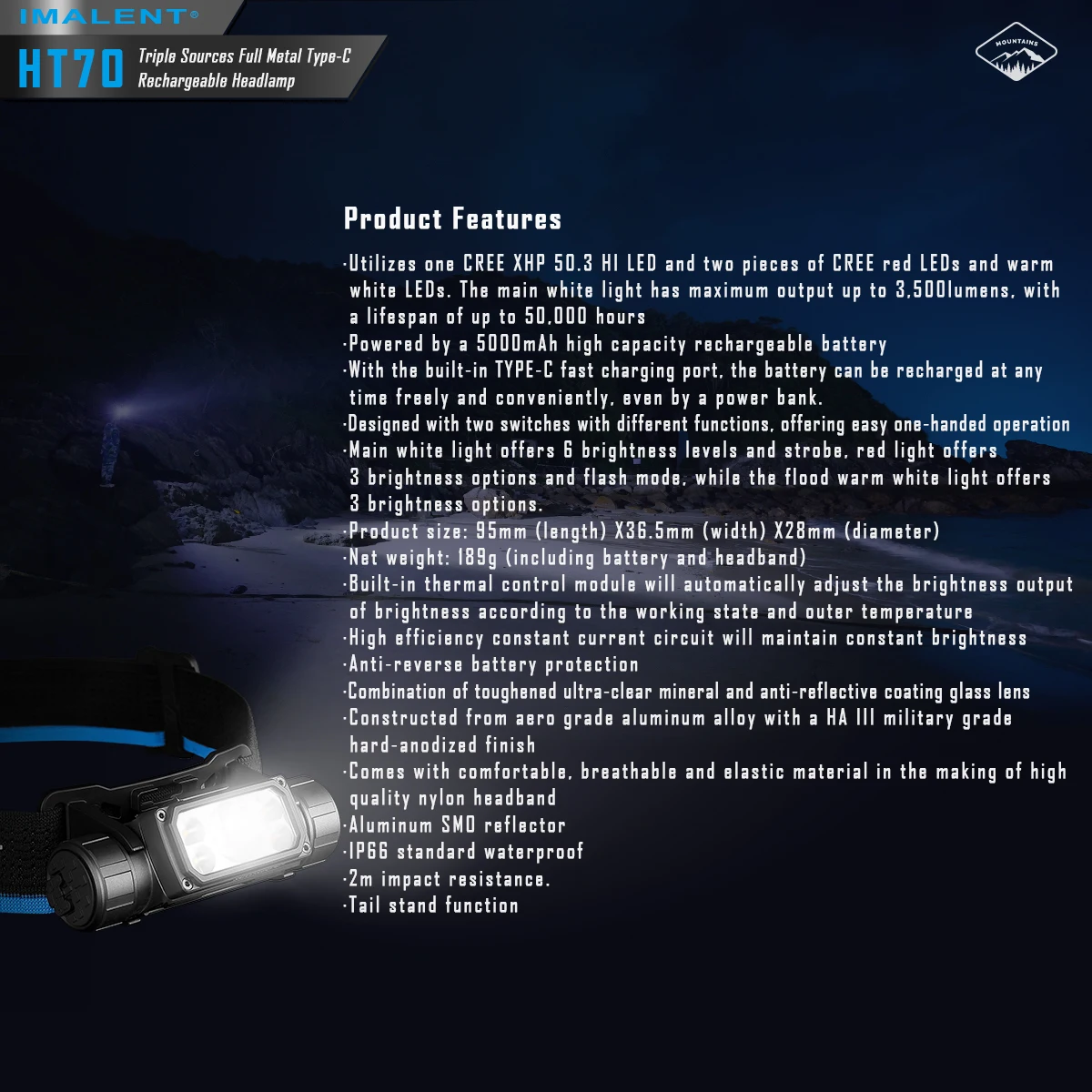 IMALENT HT70 LED Headlamp 3500LM 349M 5000mAh Powerful Torch Rechargeable Headlamp White Red Light Three-Light Source Headlight