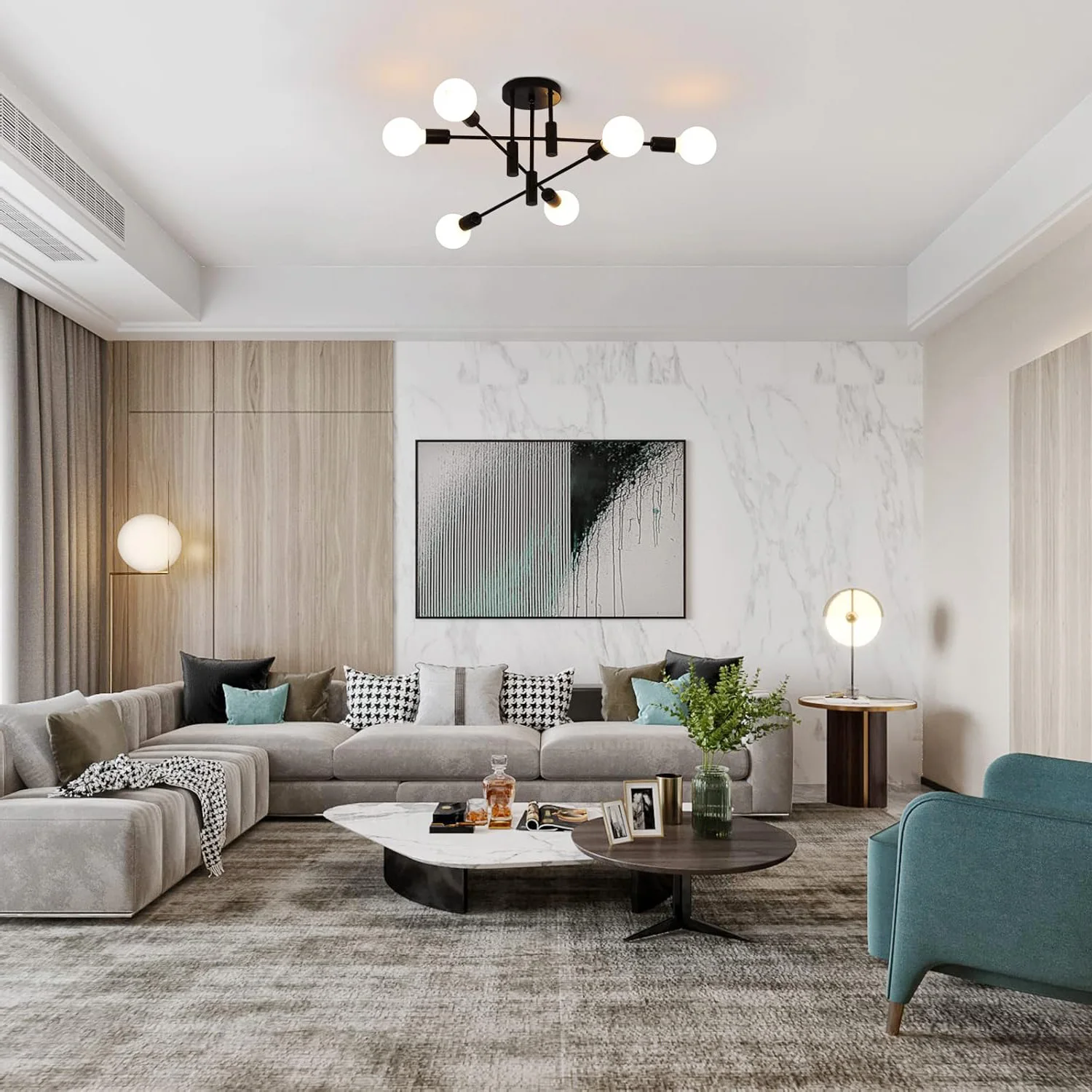 6 Lights E27 Base Ceiling Light,Modern Retro LED Pendant Lamp,Metal Lamp for Living Room,Bedroom,Hallway(Bulb not included)