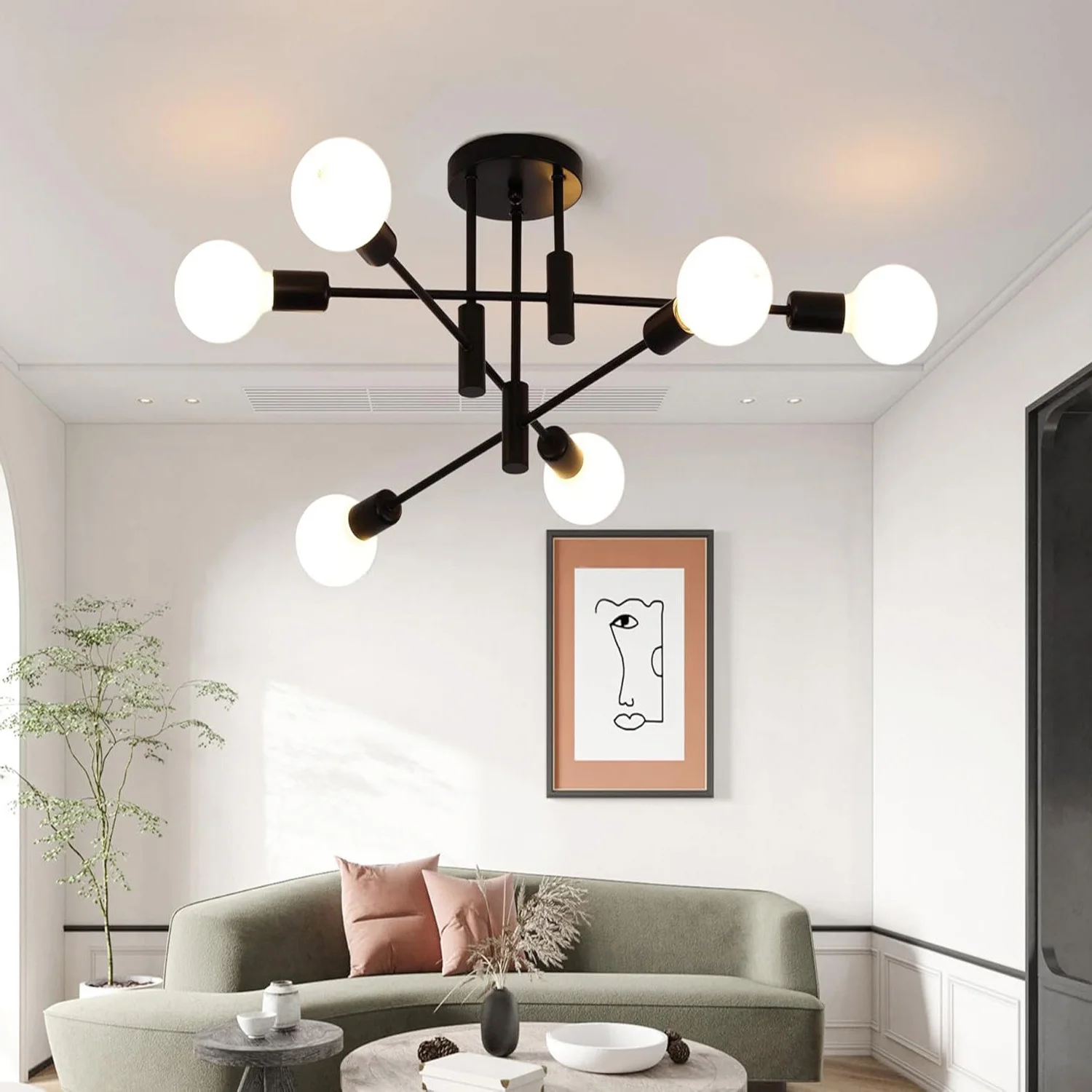 6 Lights E27 Base Ceiling Light,Modern Retro LED Pendant Lamp,Metal Lamp for Living Room,Bedroom,Hallway(Bulb not included)