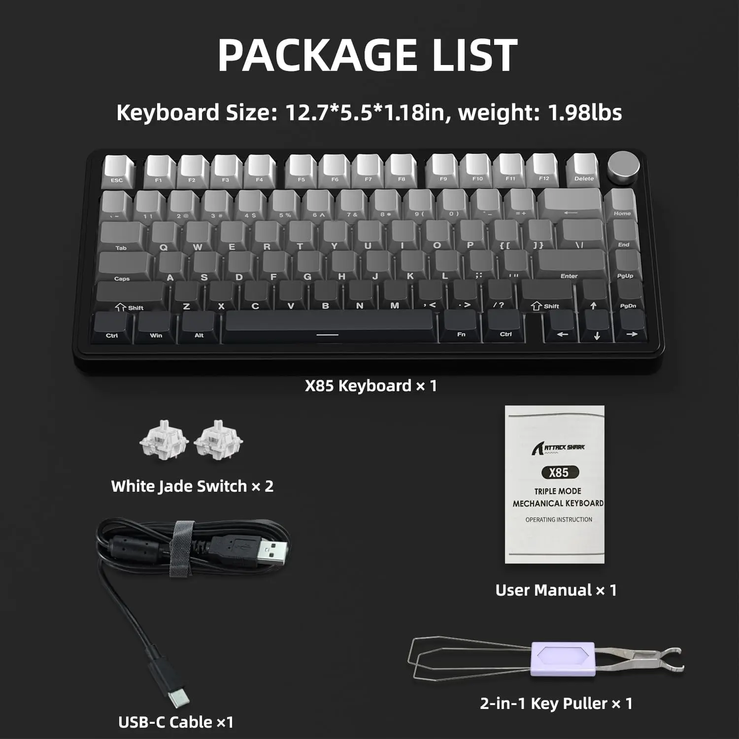ATTACK SHARK X85 Wireless Mechanical Gaming Keyboard,TKL 82 Keys,Gasket Structure,Knob,RGB Hot Swappable Custom Keyboard