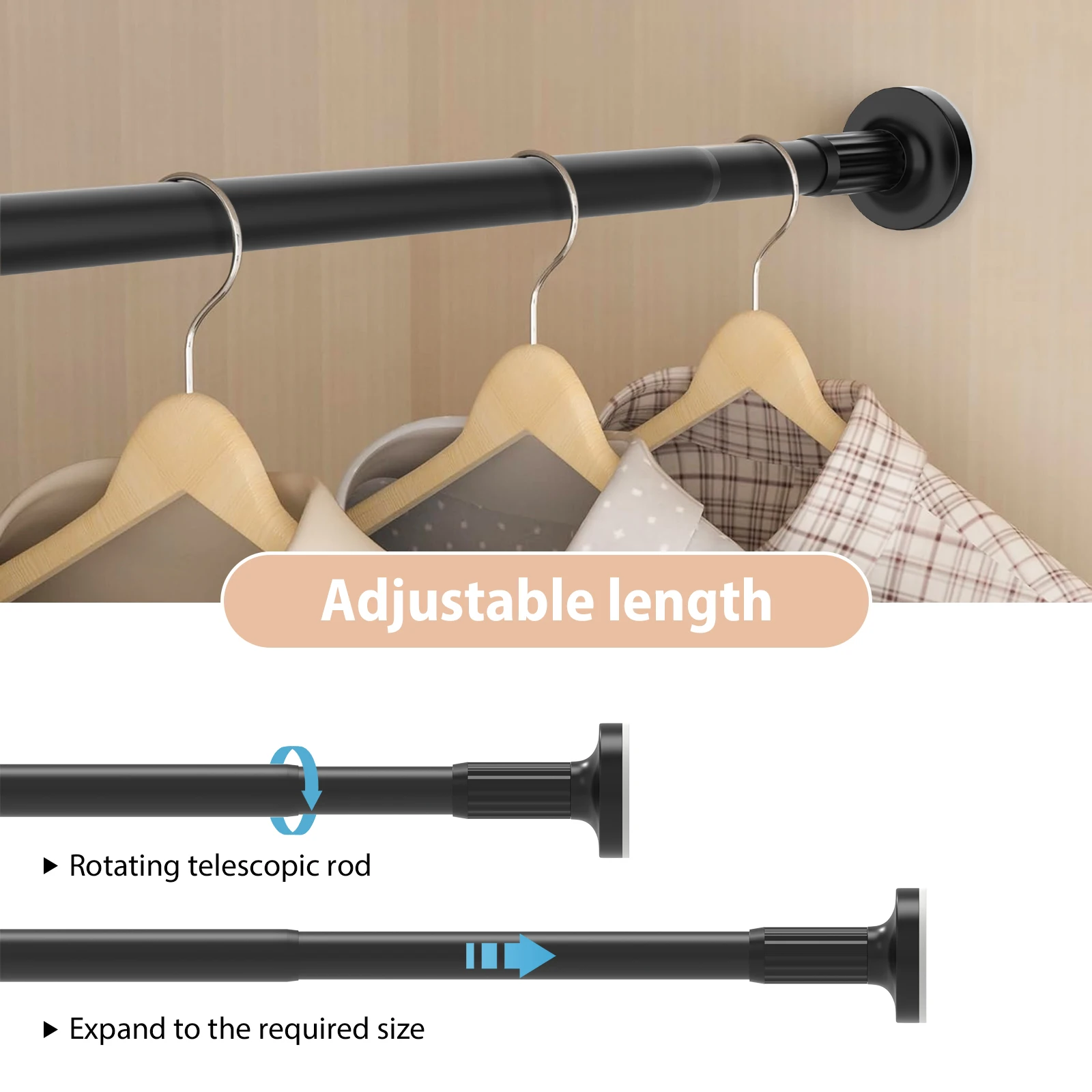 Adjustable Telescopic Pole No Drill Hanging Rod with Rubber Pads for Wall Protection, Ideal for Wardrobe, Kitchen,bathroom