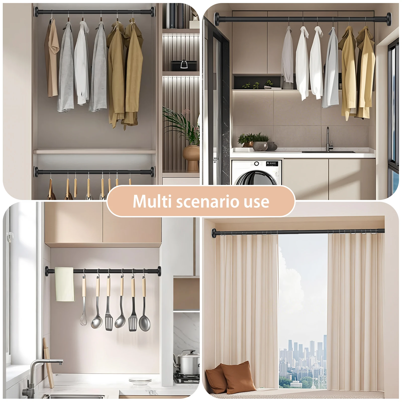 Adjustable Telescopic Pole No Drill Hanging Rod with Rubber Pads for Wall Protection, Ideal for Wardrobe, Kitchen,bathroom