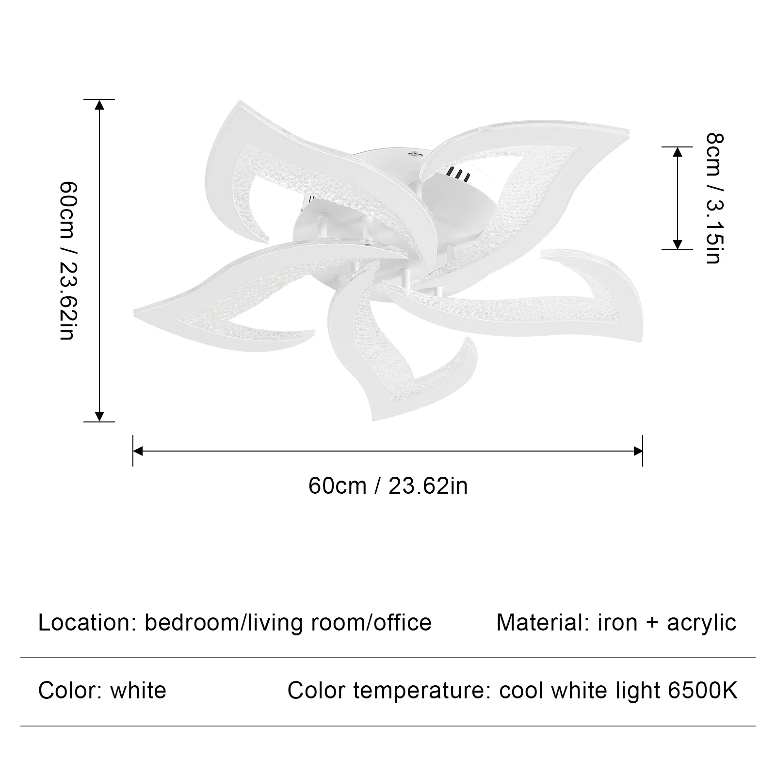 White LED Ceiling Lights with Remote Control, 60W Cold White 6500K, Acrylic Modern Ceiling Light for Bedroom Living Room Dinning