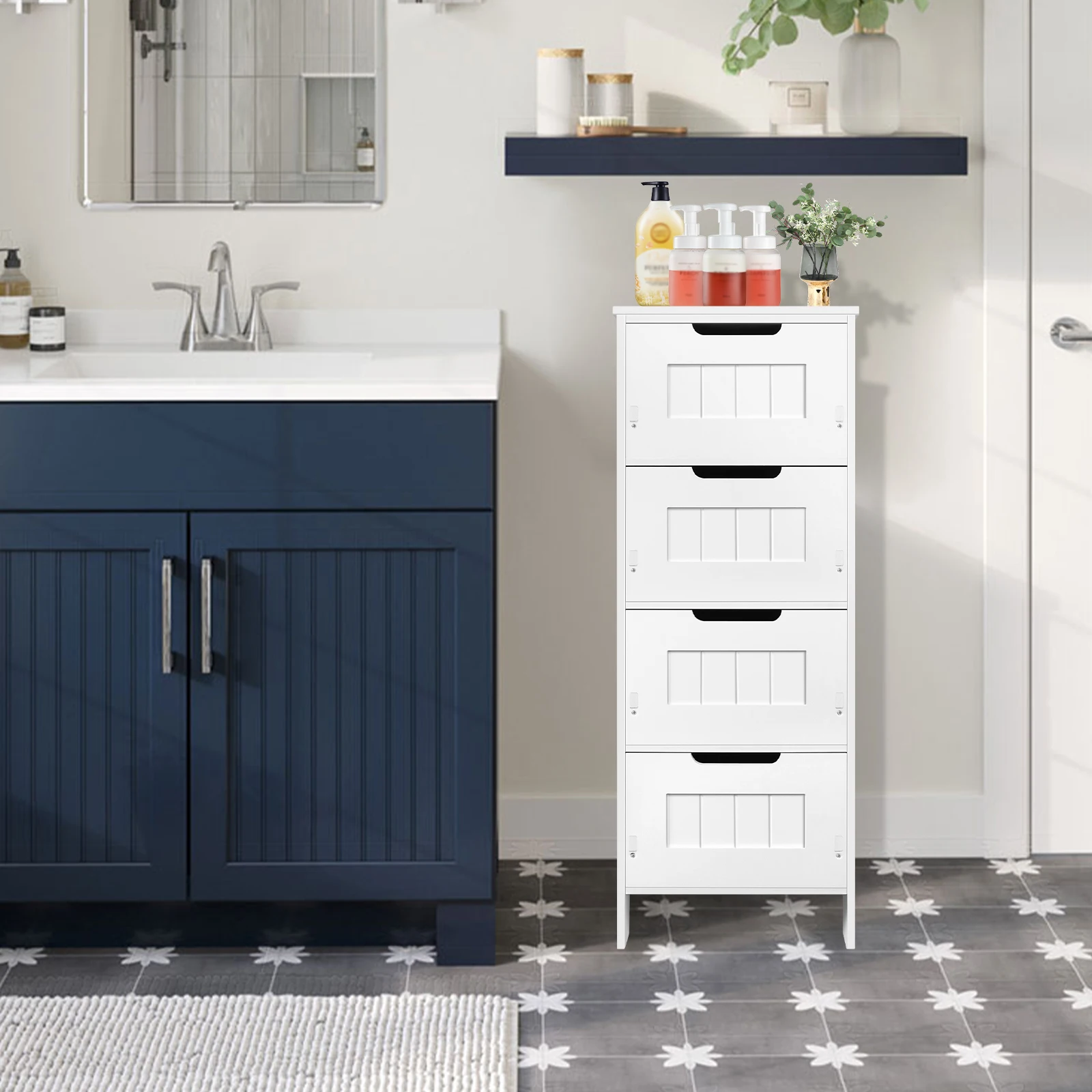 BRIEFNESS PVC Bathroom Cabinet Bathroom Storage Cabinet Freestanding Chest of Drawers with 4 Drawers Floor Vertical Cabinet
